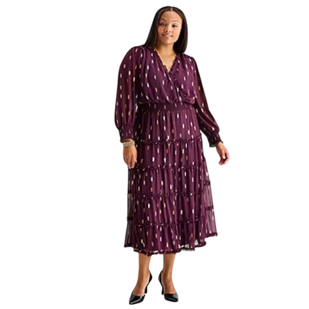 Sam and Jess Purple Gold Feather Whimsigoth‎ Bohemian Tiered Midi Dress Plus 3X